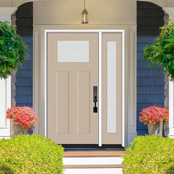 Legacy 53 in. x 80 in. 1/4 Toplite Rain Glass LHIS Primed Sandstone Finish Fiberglass Prehung Front Door w/14 in. SL