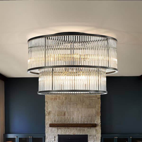 ALOA DECOR 10-Light 21 in. Modern Glam 2-Tier Glass Drum Flush Mount Ceiling Matte Black Contemporary Ceiling Light For Living Room