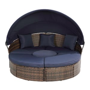 Wicker Outdoor Sofa Sectional with Lift Coffee Table, Rattan Round Lounge with Canopy Bali Canopy Bed and Blue Cushions