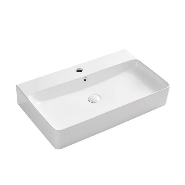 Boyel Living 28 in. W White Ceramic Rectangular Above Counter Wall Mounted Vessel Sink with Pop Up Drain and Overflow