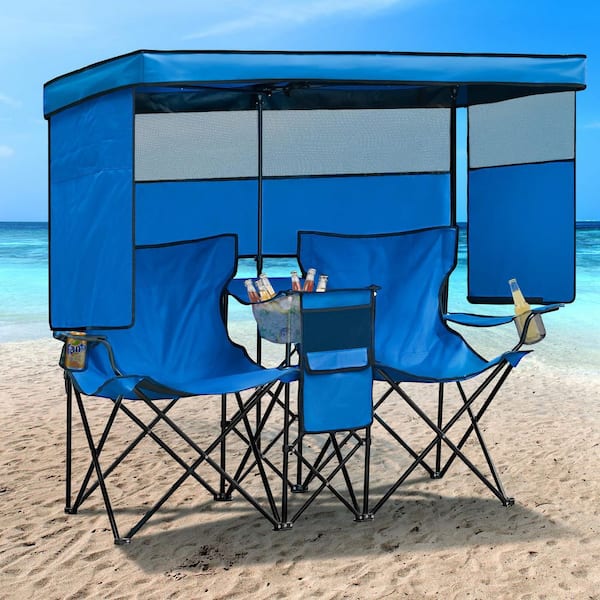 Blue Steel Frame Double Beach Chair Lawn Chair with Canopy Shade