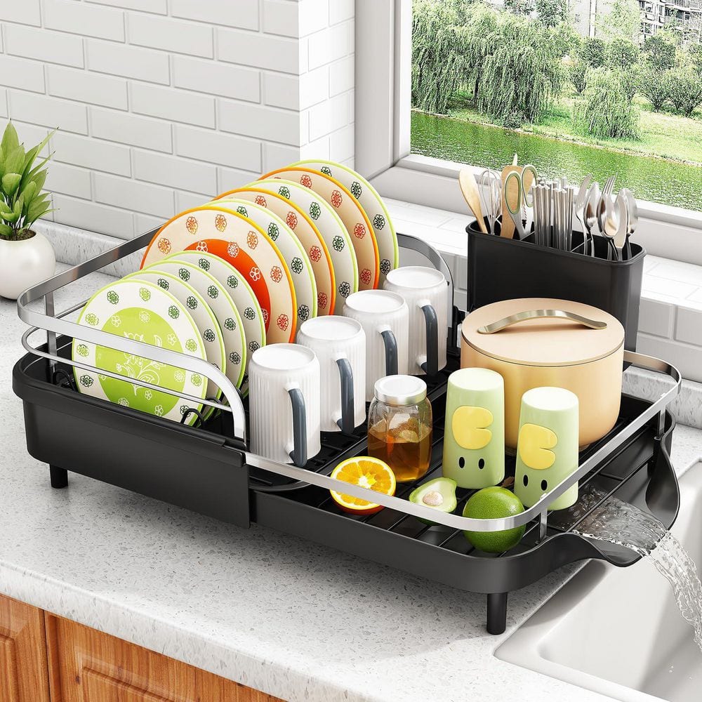 Rectangle Dish Rack Counter Black Expandable Kitchen Counter Dish Rack with Utensil Holder Raised ...