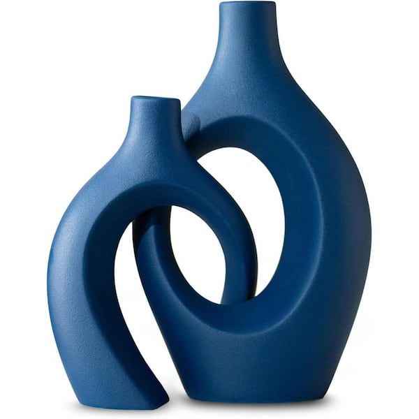 Navy Blue 6.8 in. x 11 in. Ceramic Modern Boho Hollow Decorative Vase Set of 2