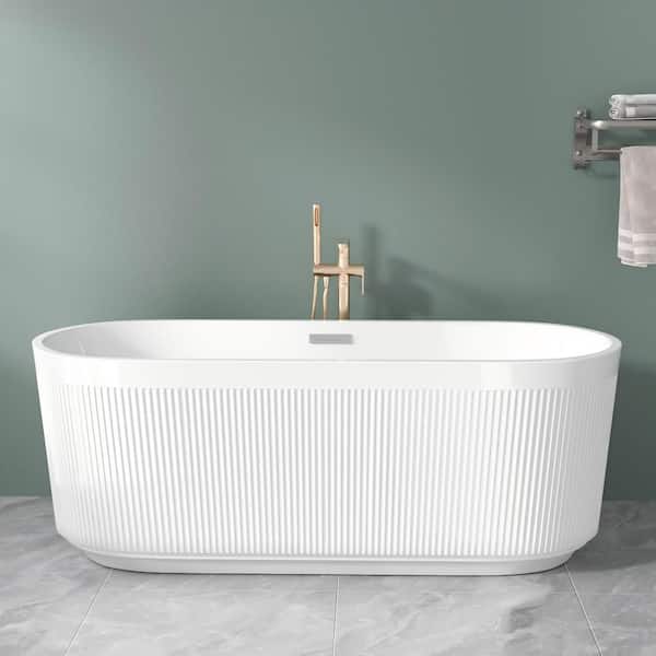 59 in. L x 30 in. W Acrylic Freestanding Soaking Bathtub Unique Pleated Design Bathtub with Center Drain in White