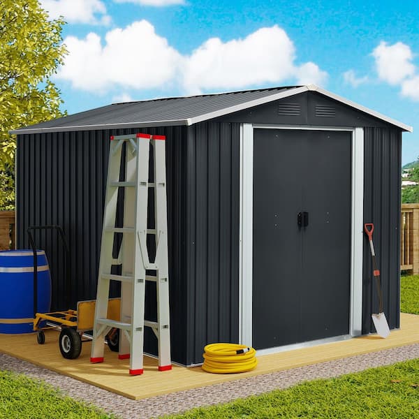 8 ft. x 10 ft. Outdoor Metal Storage Shed Garden Tool Room with Floor Base and Sliding Doors, Black (70 sq. ft.)