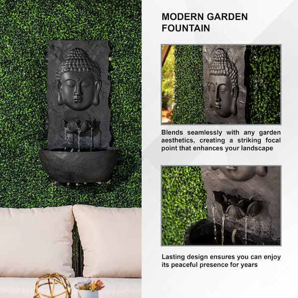 30 in. H Fiberglass Wall Cascade Buddha Zen Outdoor Garden Water Fountain w/ warm LED Light, Black