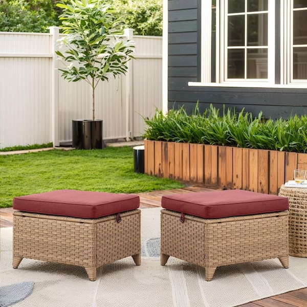 moosprr Arcline Yellow Wicker Outdoor Ottoman with Olefin Red Cushions Patio/ Porch (2-Pack)