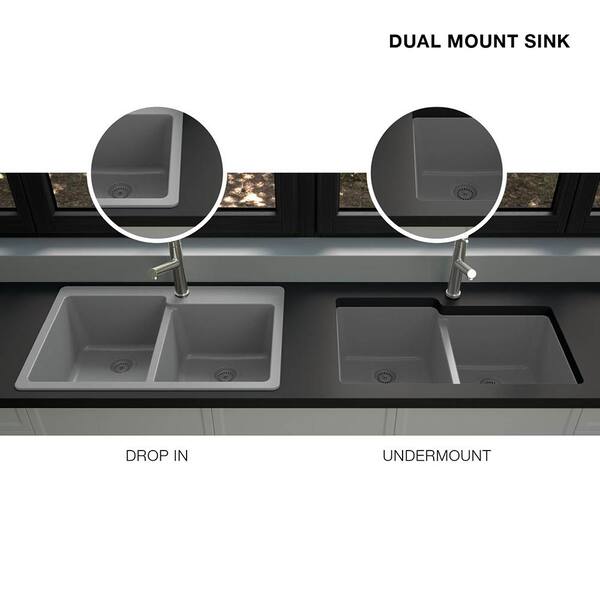 Glacier Bay Drop-in/Undermount Granite Composite 33 in. 1-Hole 60/40 Double Bowl Kitchen Sink with Low Divide in Black Glacier Bay Drop-in/Undermount Granite Composite 33 in. 1-Hole 60/40 Double Bowl Kitchen Sink with Low Divide in Black