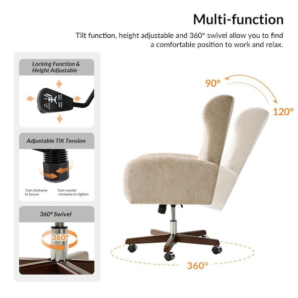 Madeline Polyester Swivel Modern Office Chair in Oatmeal with Curved Armrests