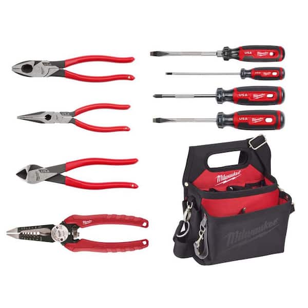 Electricians 9 in. Dipped Grip Lineman's Pliers w/Wire Stripper, Work  Pouch, and Screwdriver Tool Set (9 Piece)