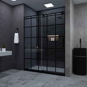 Ruhr 60 in. W x 76 in. H Sliding Semi-Frameless Shower Door in Matte Black with Patterned Glass