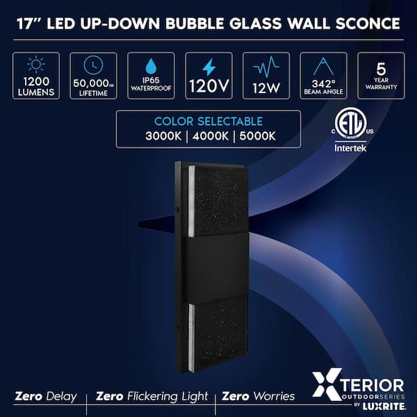 17 in. Black Outdoor LED Up Down Wall Sconce Light 3 CCT 3000K-5000K Bubble Glass 12-Watt ETL IP65 Waterproof