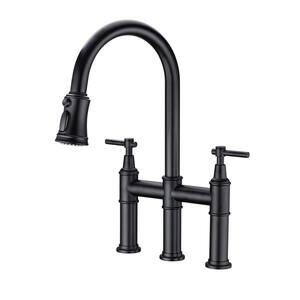 Double Handle Bridge Kitchen Faucet with Pull Out Spray Wand and Spot Resistant, High Arc, Solid Brass in Matte Black