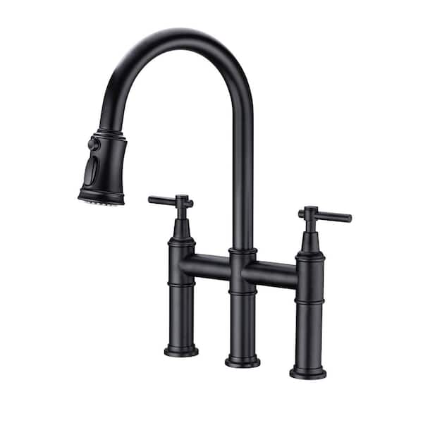 Lukvuzo Double Handle Bridge Kitchen Faucet with Pull Out Spray Wand and Spot Resistant, High Arc, Solid Brass in Matte Black
