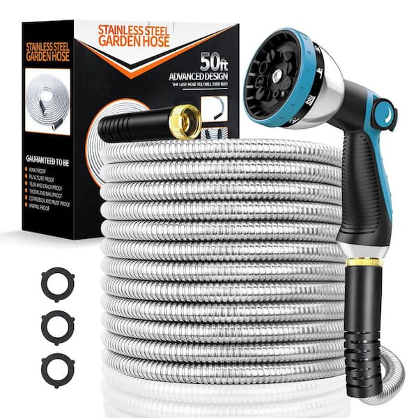 5/8 in. Dia. x 50 ft. Heavy-Duty Metal Water Hose Stainless Steel Garden Hose with Spray Nozzle