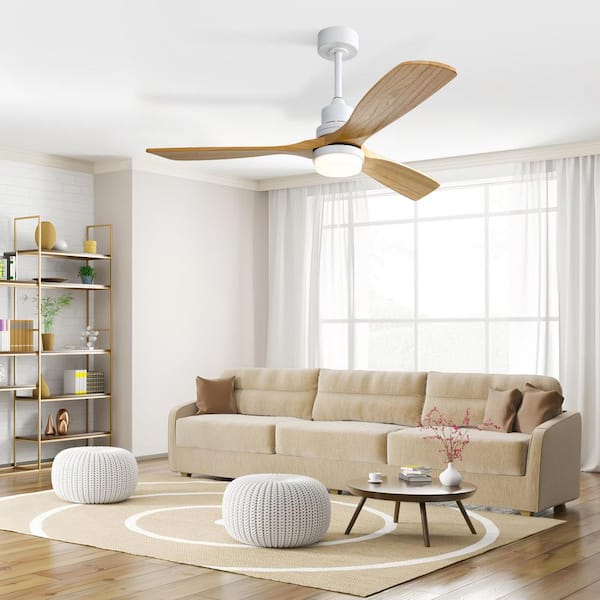 52 in. Modern Solid Wood Indoor/Outdoor White Standard Downrod Ceiling Fan with Light Kit DC Motor and Remote Control