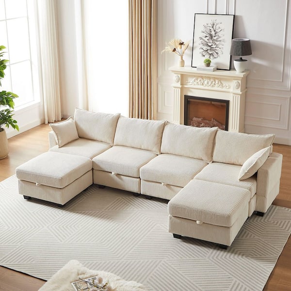 J&E Home 127.6 in. W Square Arm 5-piece L Shaped Polyester Sectional Sofa with ottoman in Beige