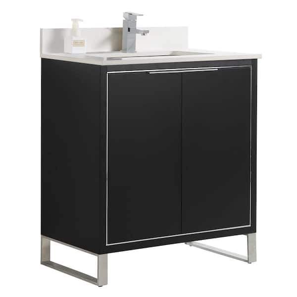 FINE FIXTURES Opulence 30 in. W x 18 in. D x 33.5 in. H Bath Vanity in Black Matte with White Carrara Single sink Top