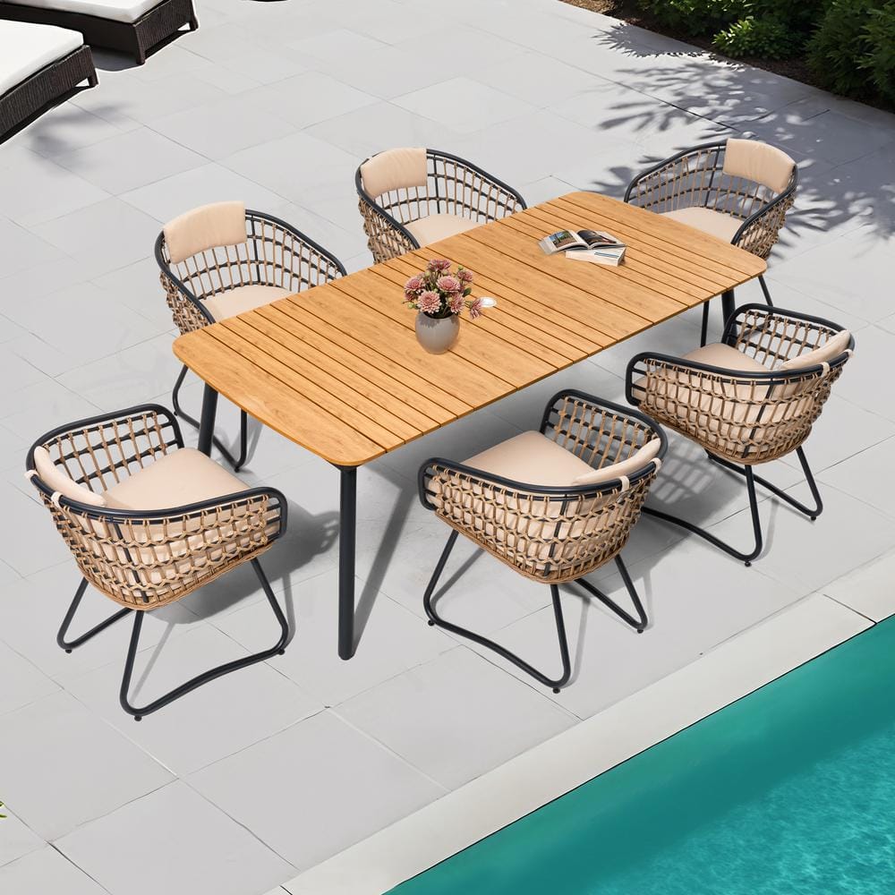 7-Piece Metal Wicker Aluminum Outdoor Dining Set with Beige Cushion and Umbrella Hole price history on PriceWatchPro