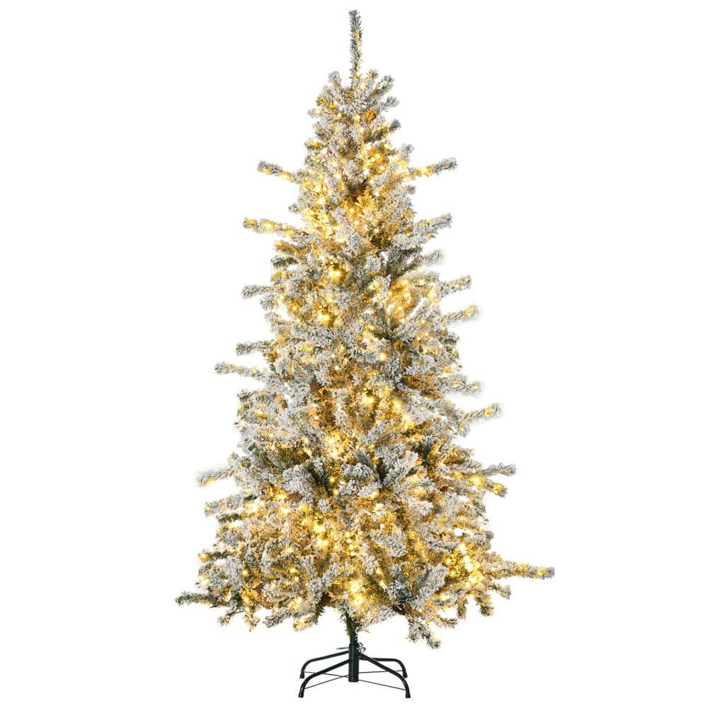 6 ft. Prelit Artificial Christmas Tree with 838 Snow Flocked Branches, 350 Warm White LED Lights, Pine Cones, Green -  HOMCOM, 830-729V80GN