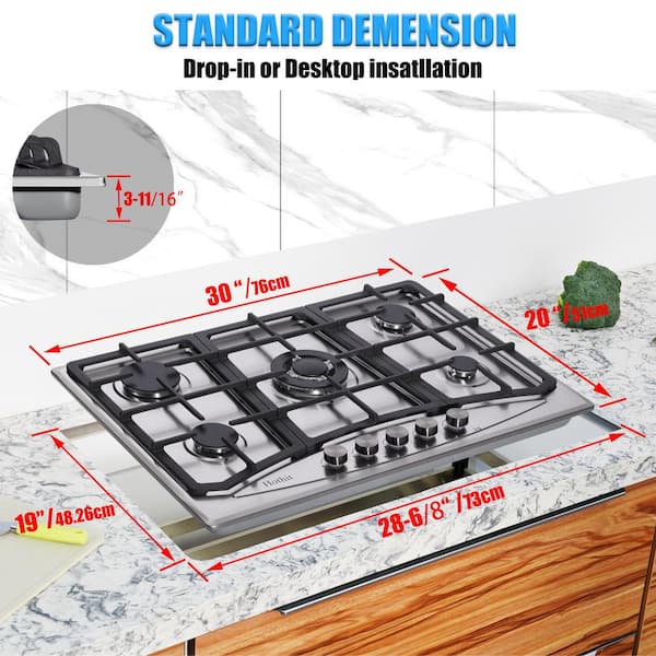 LuxeChef 30 in. 5-Burners Recessed Gas Cooktop in Stainless Steel with NG/LPG Dual Fuel Built-in Gas Stove Top