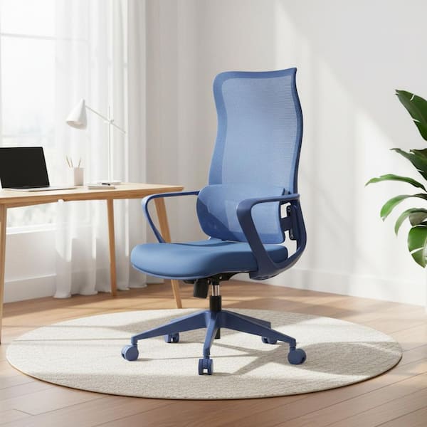 Mesh Fabric Seat High Back Office Task Chair in Blue with Adjustable Lumbar Support