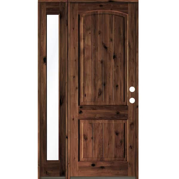 Krosswood Doors 44 in. x 96 in. Rustic knotty alder Left-Hand/Inswing Clear Glass Red Mahogany Stain Wood Prehung Front Door w/Sidelite