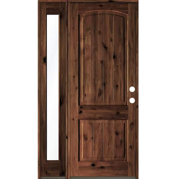 Krosswood Doors 50 in. x 96 in. Rustic knotty alder Left-Hand/Inswing Clear Glass Red Mahogany Stain Wood Prehung Front Door w/Sidelite