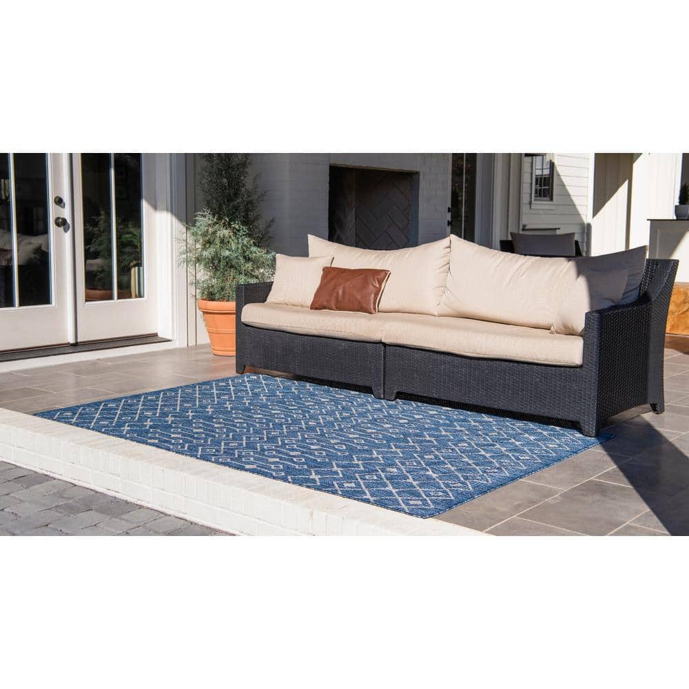 Blue Rectangular Outdoor Trellis Synthetic Area Rug