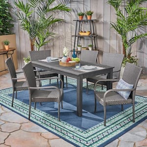 Hayes Sandblast Dark Grey 7-Piece Wood and Grey Faux Rattan Outdoor Dining Set