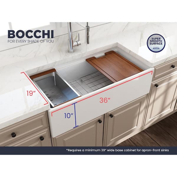 Step-Rim White Fireclay 36 in. Single Bowl Farmhouse Apron Front Workstation Kitchen Sink with Accessories