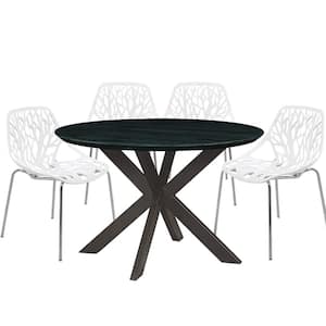 Ravenna 5-Piece Dining Set with 4-Stackable Plastic Chairs and Round Table with Geometric Base, White