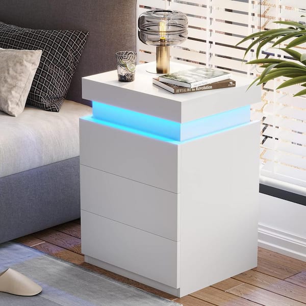 CSC DECOR INC White 3 Darwer Nightstands with Multi-Colour LED Lights, Modern Night Stand with Sliding Top Bedside Table with Drawers