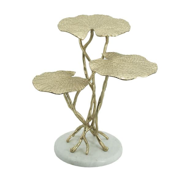 Benjara 24.5 in. White and Gold Other Marble end table with Leaf Design