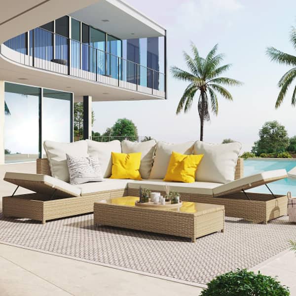 Unbranded Rattan Wicker Natural Brown 3-Piece Steel Frame Outdoor Sectional Sofa Set Adjustable Frame with Cushion and Glass Table
