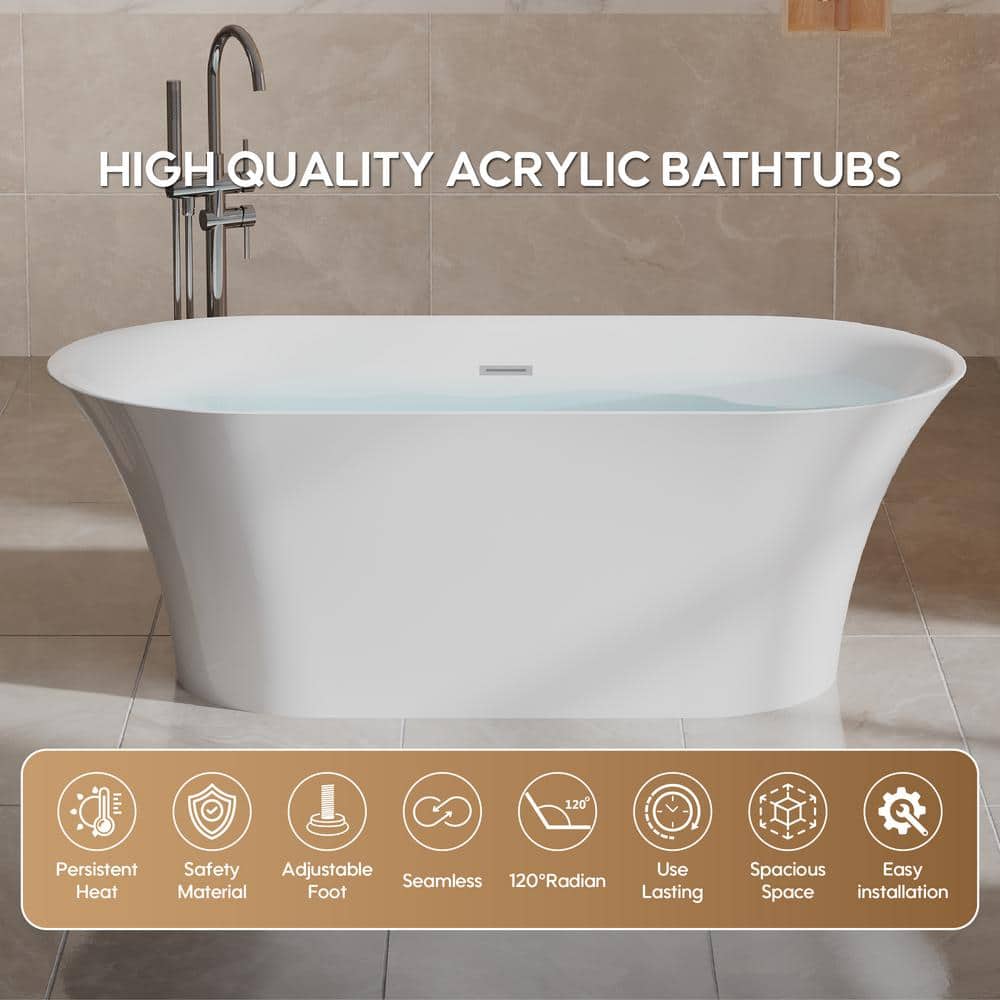 67-Inch Glossy White Acrylic Freestanding Soaking Bathtub with Chrome Drain