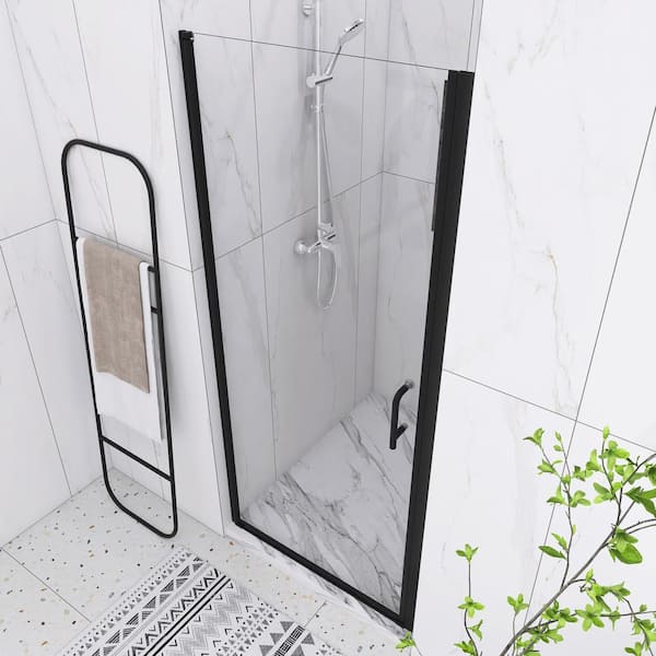 Unbranded - 34 in. W x 72 in. H Pivot Semi-Frameless Shower Door in Matte Black with Clear Glass