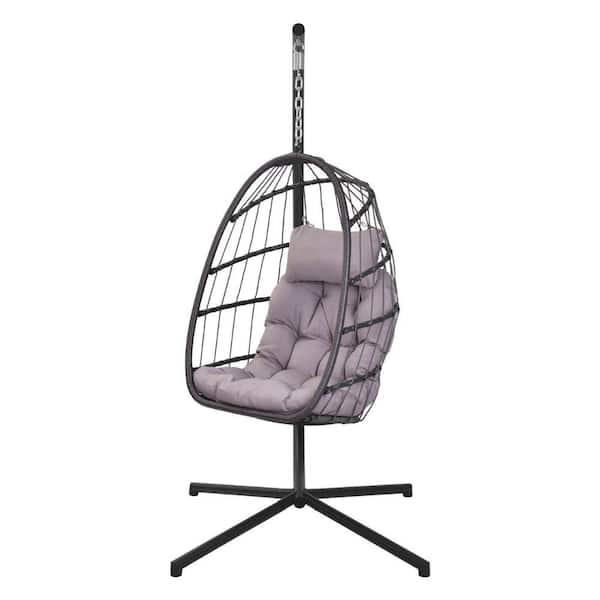 ITOPFOX 78 ft. Outdoor Wicker Rattan Swing Chair Hammock with Aluminum Steel Rust Resistant Frame and Pink Cushion Without Stand