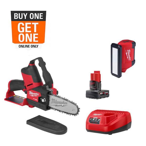 M12 FUEL 12V Lithium-Ion Brushless Battery 6 in. HATCHET Pruning Saw Kit, Pivoting Flood Light, 4.0 Ah Battery, Charger