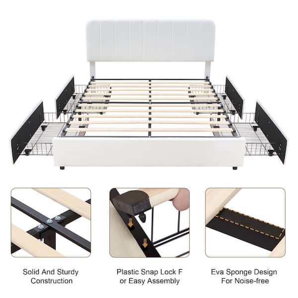 Upholstered Bed White Metal Frame Queen Size Platform Bed with 4-Storage Drawers and Headboard, Wooden Slats Support