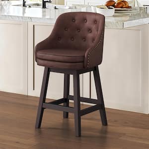 26 in.Dark Reddish Brown Faux Leather Swivel Barstool Solid Wood Frame Double Cushion Counter Height Bar Stool