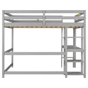 Gray Full Wood Frame Loft Bed with Bookshelves and Desk Full Kids Loft Bed with Solid Ladder Wood Loft Bed