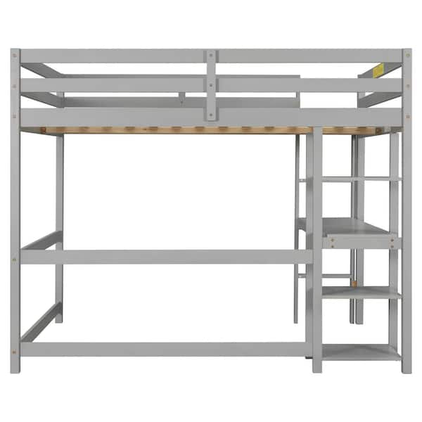 ANBAZAR Gray Full Wood Frame Loft Bed with Bookshelves and Desk Full Kids Loft Bed with Solid Ladder Wood Loft Bed