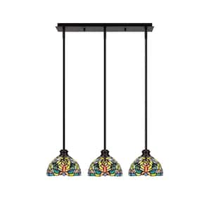 Albany 60-Watt 3-Light Espresso Linear Pendant Light with Kaleidoscope Art Glass Shades and No Bulbs Included