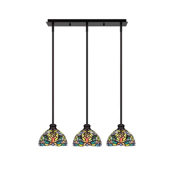 Unbranded Albany 60-Watt 3-Light Espresso Linear Pendant Light with Kaleidoscope Art Glass Shades and No Bulbs Included