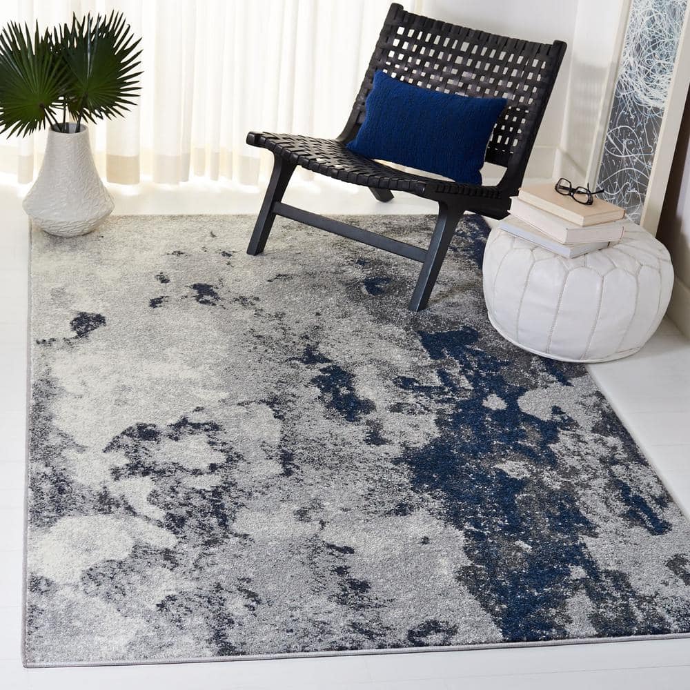 Navy and Grey Abstract 9' x 12' Synthetic Area Rug