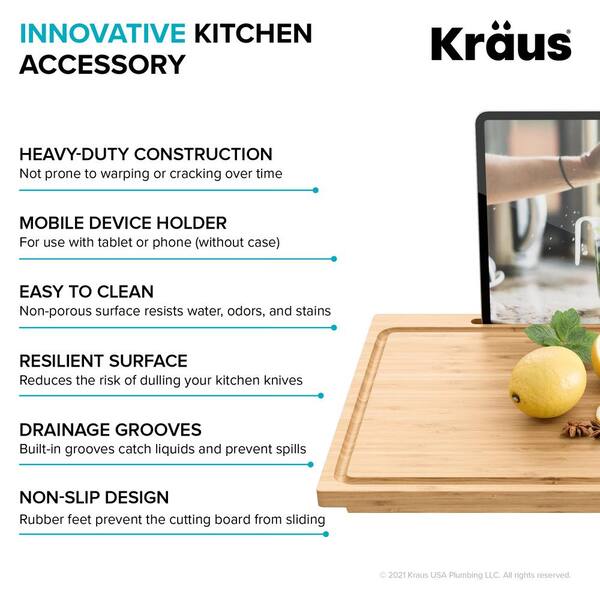 KRAUS Solid Bamboo Cutting Board with Mobile Device Holder for