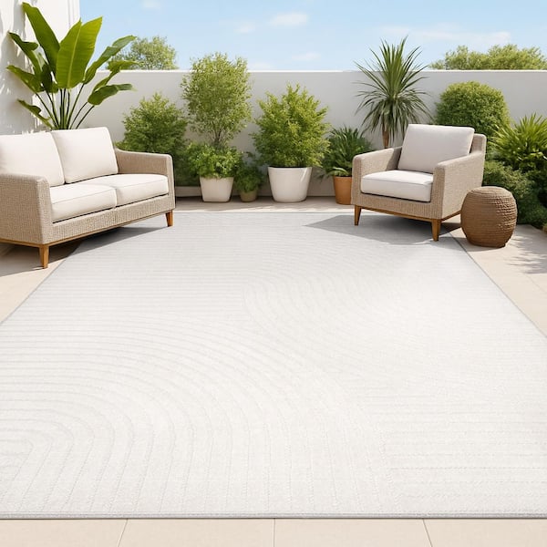Skagen High-Low Minimalist Curve Geometric Ivory/Cream 8 ft. x 10 ft. Indoor/Outdoor Area Rug