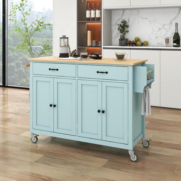 Runesay Mint Green Solid Wood Top 54.3 in. Kitchen Island Cart Locking Wheels Spice Towel Rack with 4-Door Cabinet and 2-Drawer