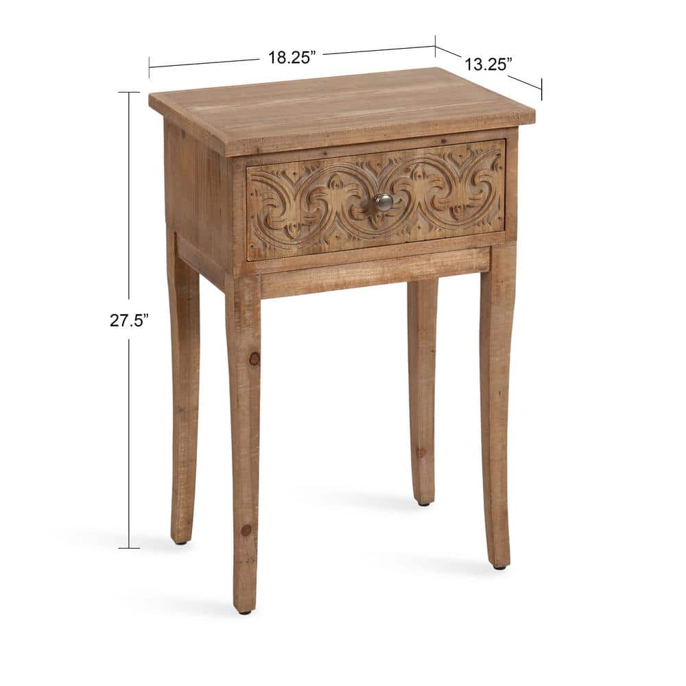 Hazelnut Rustic Wood Side Table with Carved Drawer